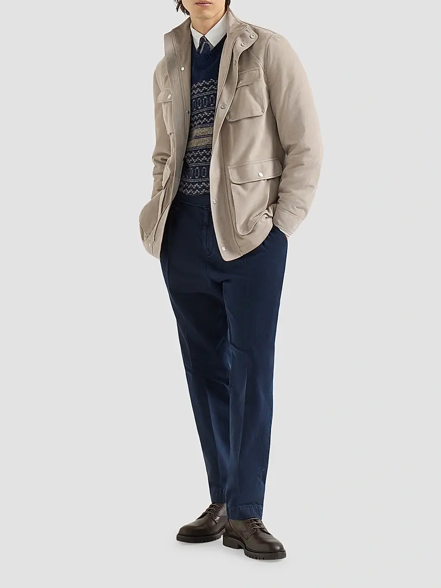Brunello Cucinelli Men's Cotton Chevron Trousers with Double Pleats - Navy Blue | Thumbnail 6 Brunello Cucinelli Men's Cotton Chevron Trousers with Double Pleats - Navy Blue | Thumbnail 6