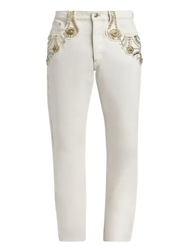 Men's Crystal-Embroidered Straight-Leg Denim Jeans Men's Crystal-Embroidered Straight-Leg Denim Jeans