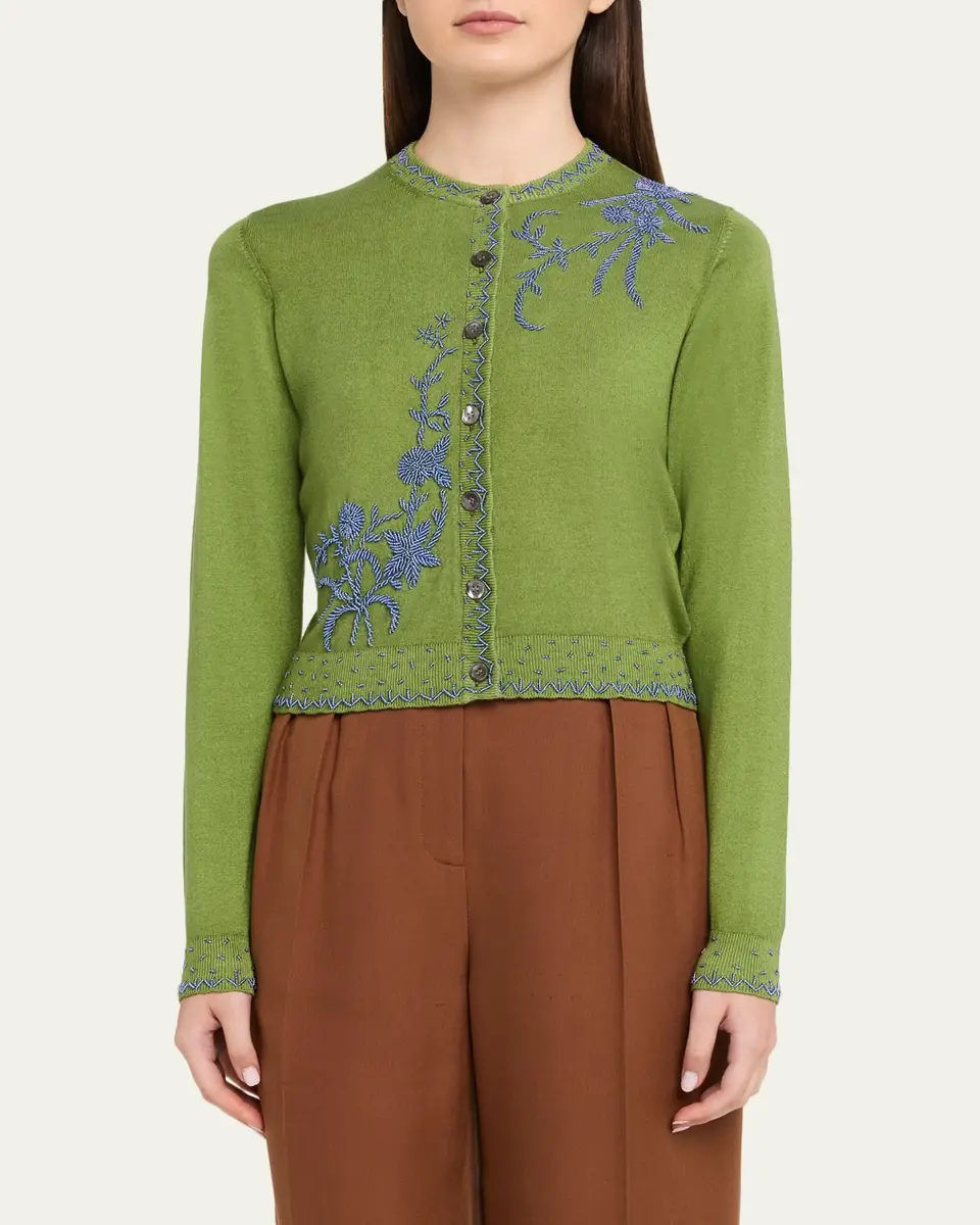 Prabal Gurung Embroidered Silk-Cashmere Crewneck Cardigan | Thumbnail 4