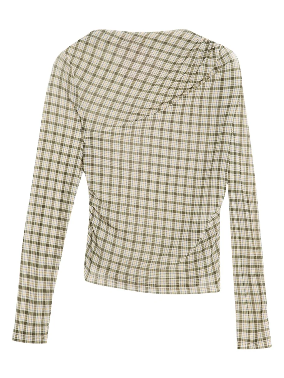 Nuvina Draped Plaid Mesh Top Nuvina Draped Plaid Mesh Top