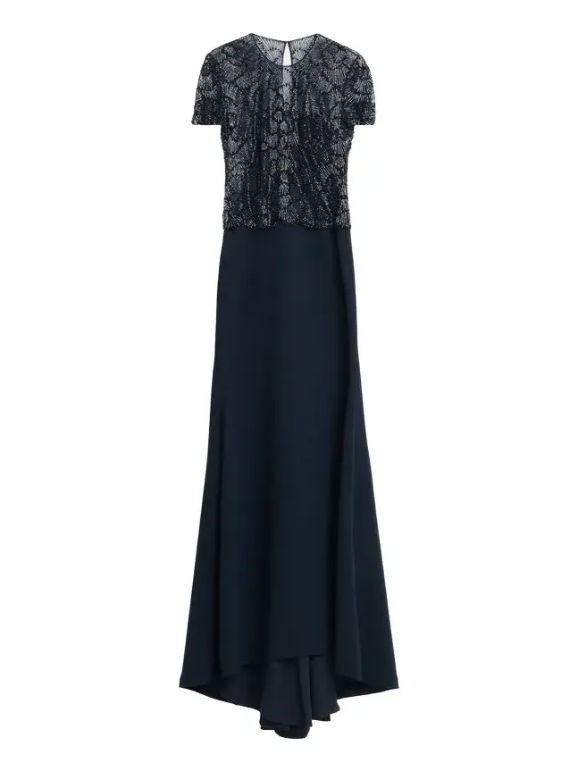 Beaded Bodice Cap-Sleeve Fit-And-Flare Crepe Gown