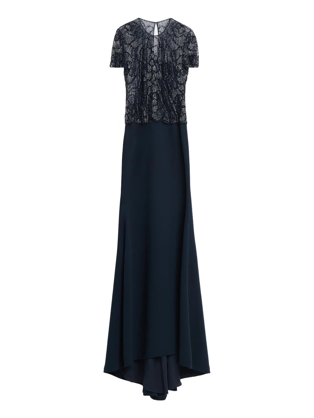 Beaded Bodice Cap-Sleeve Fit-And-Flare Crepe Gown