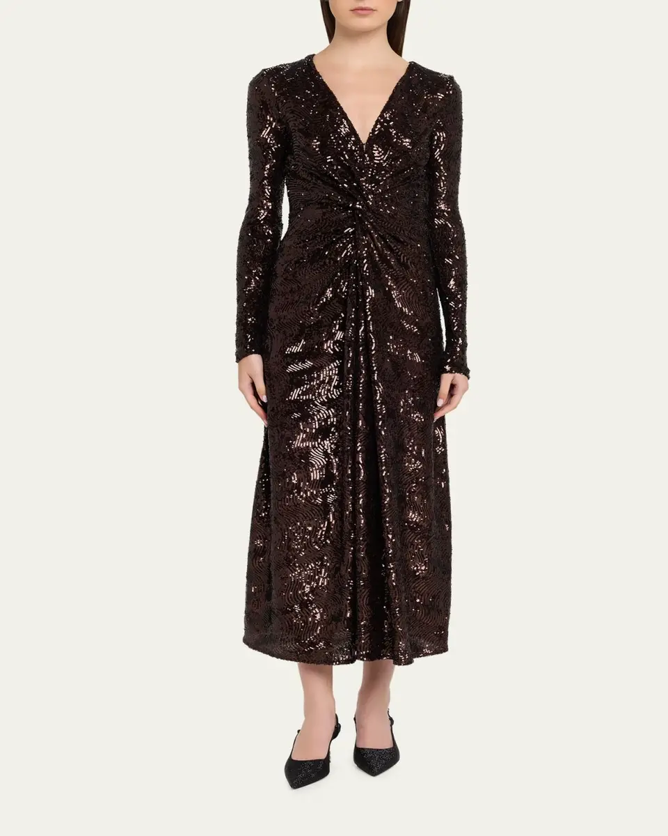 PRABAL GURUNG Twisted Front Long-Sleeve Sequined Midi Dress | Thumbnail 2 PRABAL GURUNG Twisted Front Long-Sleeve Sequined Midi Dress | Thumbnail 2