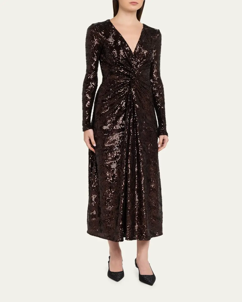 PRABAL GURUNG Twisted Front Long-Sleeve Sequined Midi Dress | Thumbnail 4 PRABAL GURUNG Twisted Front Long-Sleeve Sequined Midi Dress | Thumbnail 4