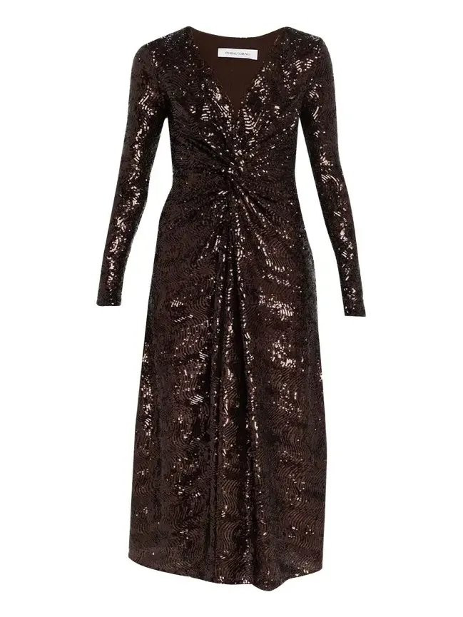 Twisted Front Long-Sleeve Sequined Midi Dress Twisted Front Long-Sleeve Sequined Midi Dress
