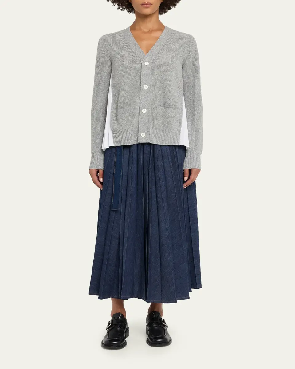 Sacai Wool Knit And Cotton Poplin V-Neck Cardigan | Thumbnail 2 Sacai Wool Knit And Cotton Poplin V-Neck Cardigan | Thumbnail 2