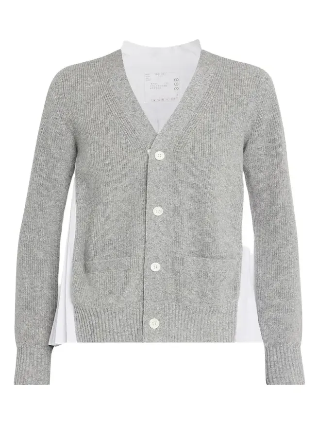 Wool Knit And Cotton Poplin V-Neck Cardigan