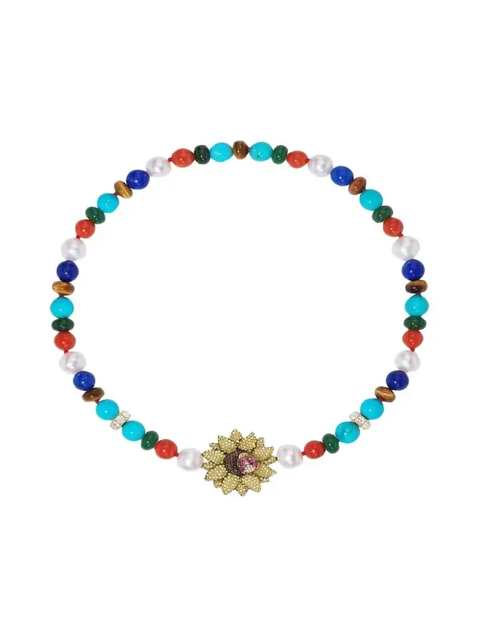 18K Semiprecious Necklace with Sunflower Clasp and Ladybug