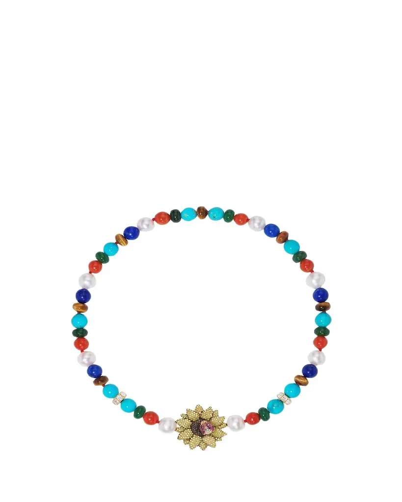 Grace Winfrey 18K Semiprecious Necklace with Sunflower Clasp and Ladybug | Image 1 Grace Winfrey 18K Semiprecious Necklace with Sunflower Clasp and Ladybug | Image 1