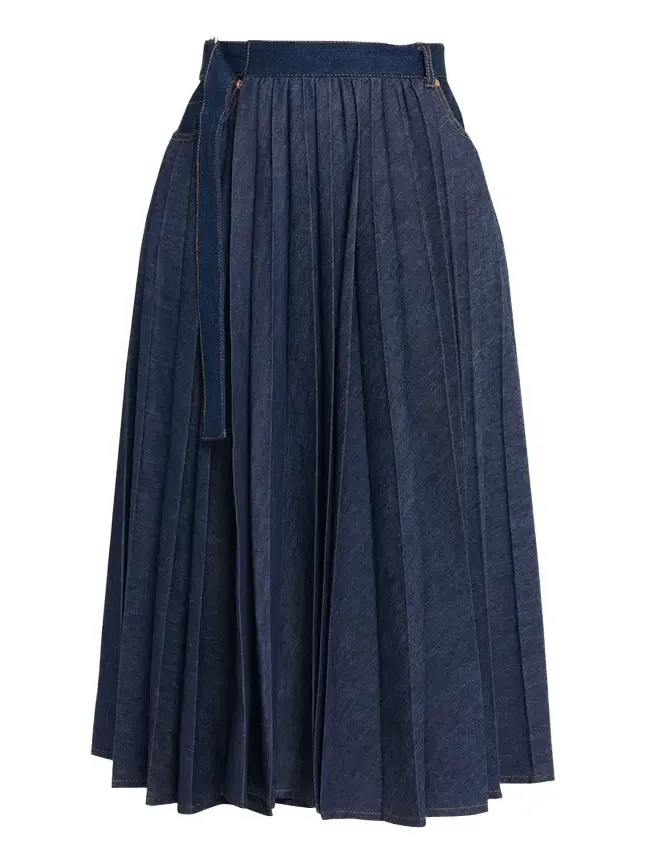 Belted Pleated Denim Midi Skirt