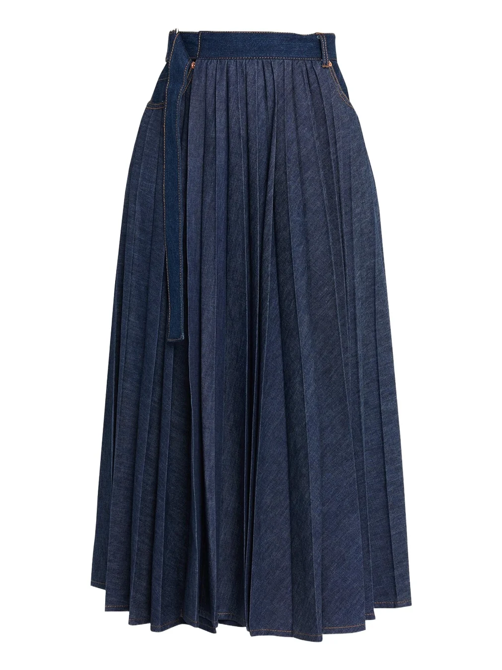 Belted Pleated Denim Midi Skirt