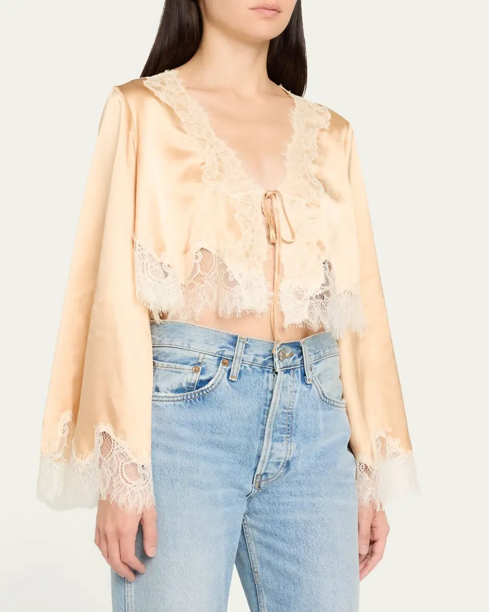 LoveShackFancy Kately Lace-Trim Satin Top | Thumbnail 4