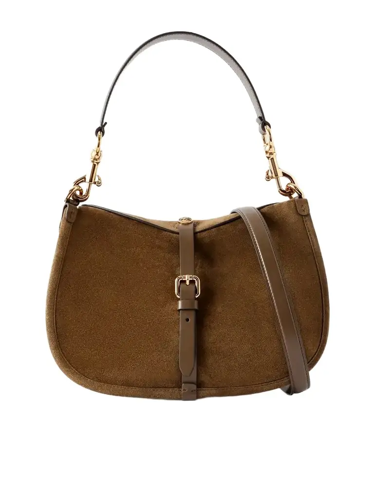 Logo-detailed Leather-trimmed Suede Shoulder Bag