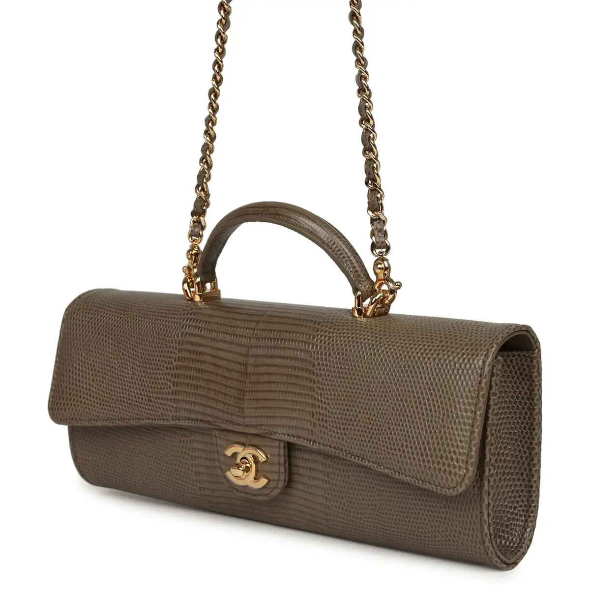 Chanel Chanel Long Top Handle Clutch with Chain Dark Khaki Lizard Embossed Calfskin Gold Hardware | Thumbnail 5 Chanel Chanel Long Top Handle Clutch with Chain Dark Khaki Lizard Embossed Calfskin Gold Hardware | Thumbnail 5