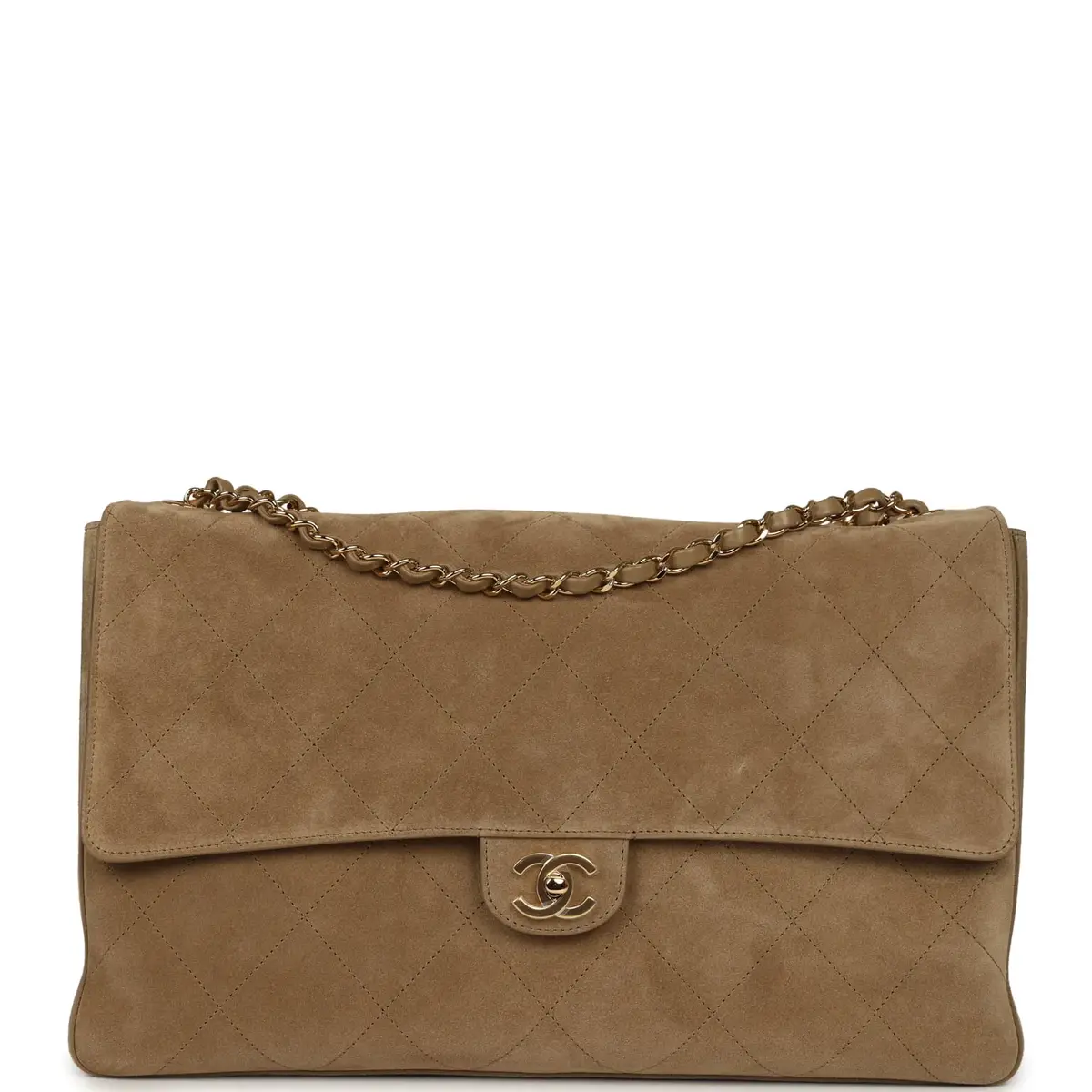 Chanel Chanel Maxi "Souplissimo" Large Flap Bag Dark Beige Suede Gold Hardware | Image 1 Chanel Chanel Maxi "Souplissimo" Large Flap Bag Dark Beige Suede Gold Hardware | Image 1