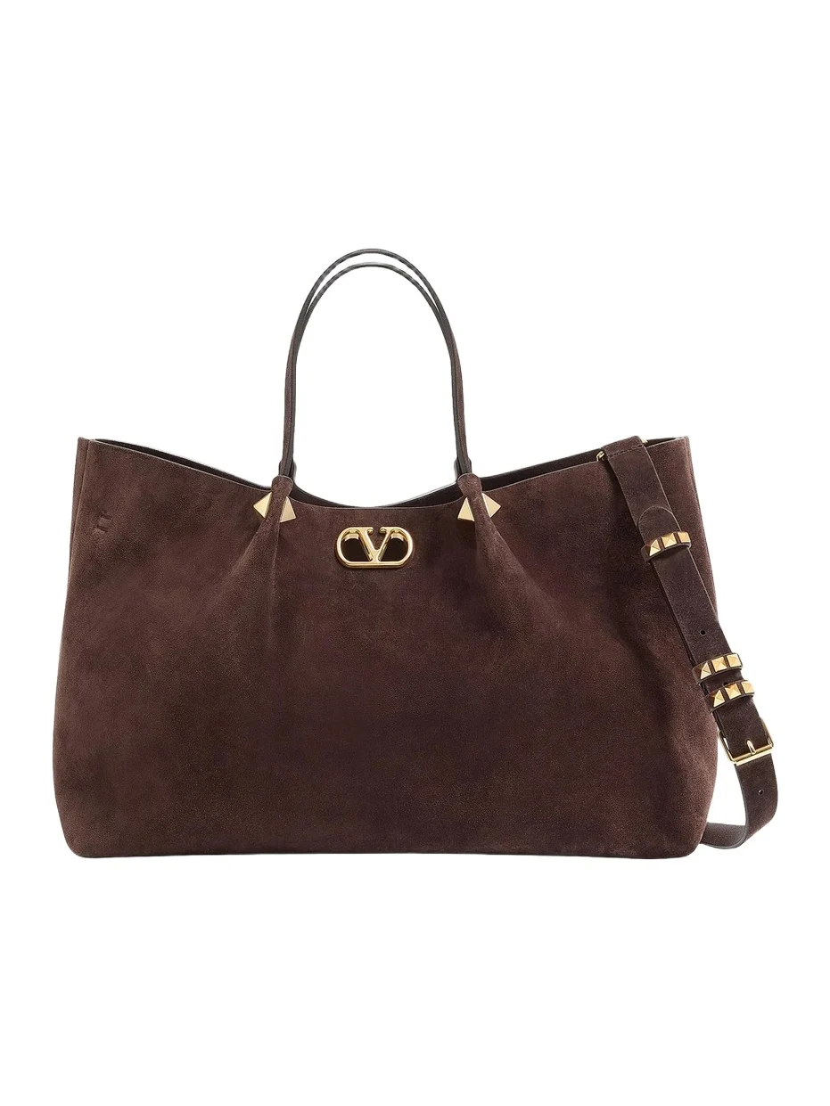 Women's Large Shopping Bag in Soft Suede - Ebony