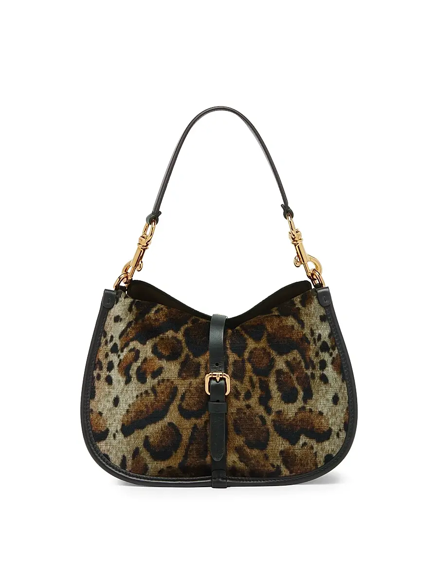 Women's Pony Medium Leopard Print Velvet Shoulder Bag