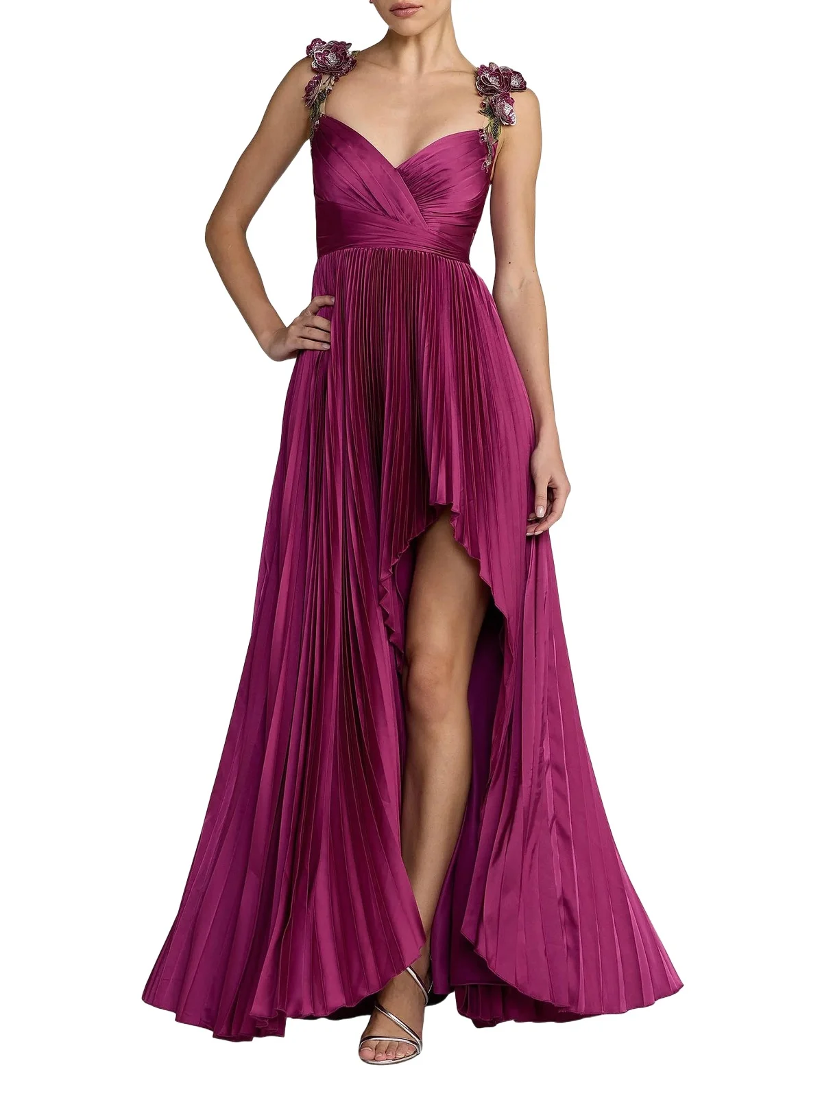 Mac Duggal Women's Flower-Strap Pleated Charmeuse High-Low Gown