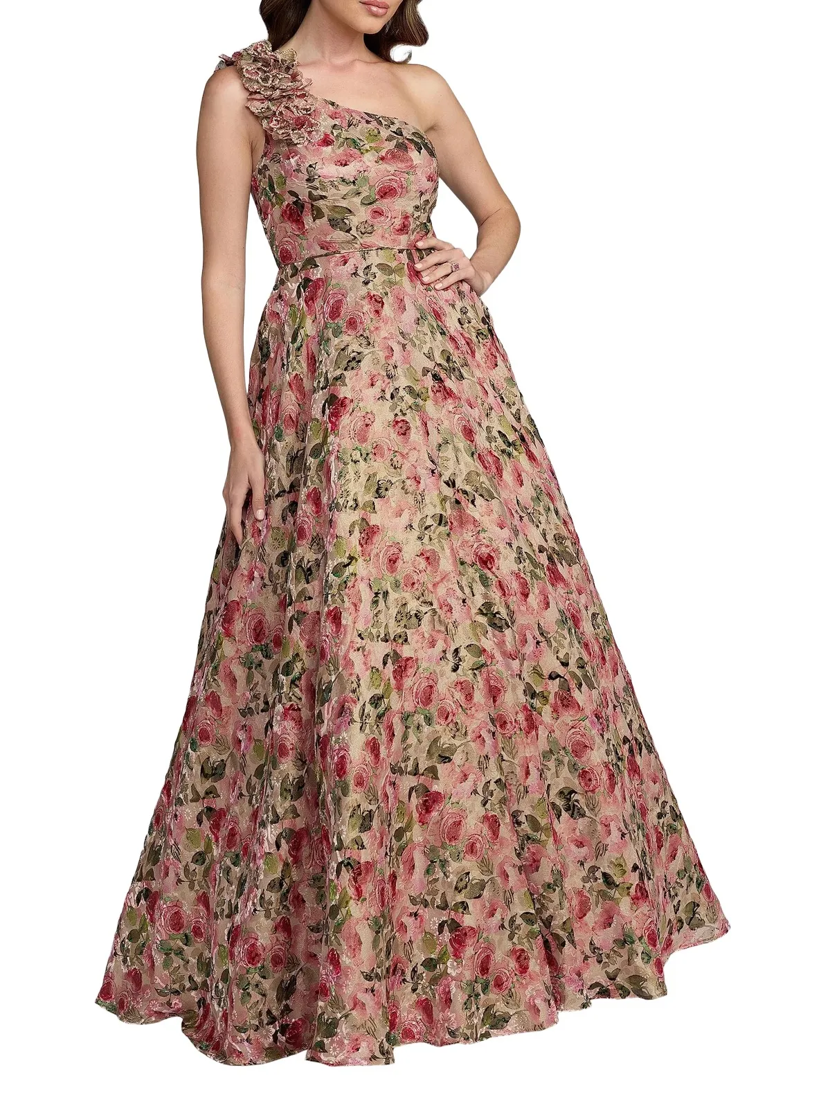 Women's Floral Organza Brocade One-Shoulder Gown