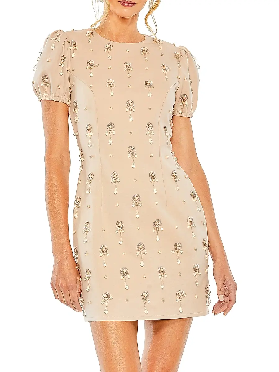 Mac Duggal Women's Jewel Embellished Puff-Sleeve Mini-Dress - Porcelain - Size 14 | Image 1 Mac Duggal Women's Jewel Embellished Puff-Sleeve Mini-Dress - Porcelain - Size 14 | Image 1