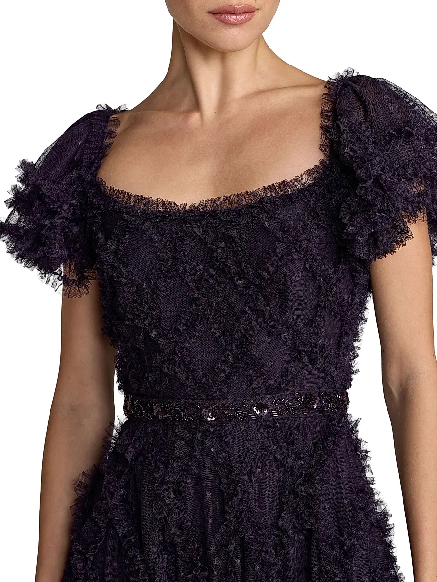 Mac Duggal Women's Ruffled Mesh Short-Sleeve Gown | Thumbnail 3 Mac Duggal Women's Ruffled Mesh Short-Sleeve Gown | Thumbnail 3