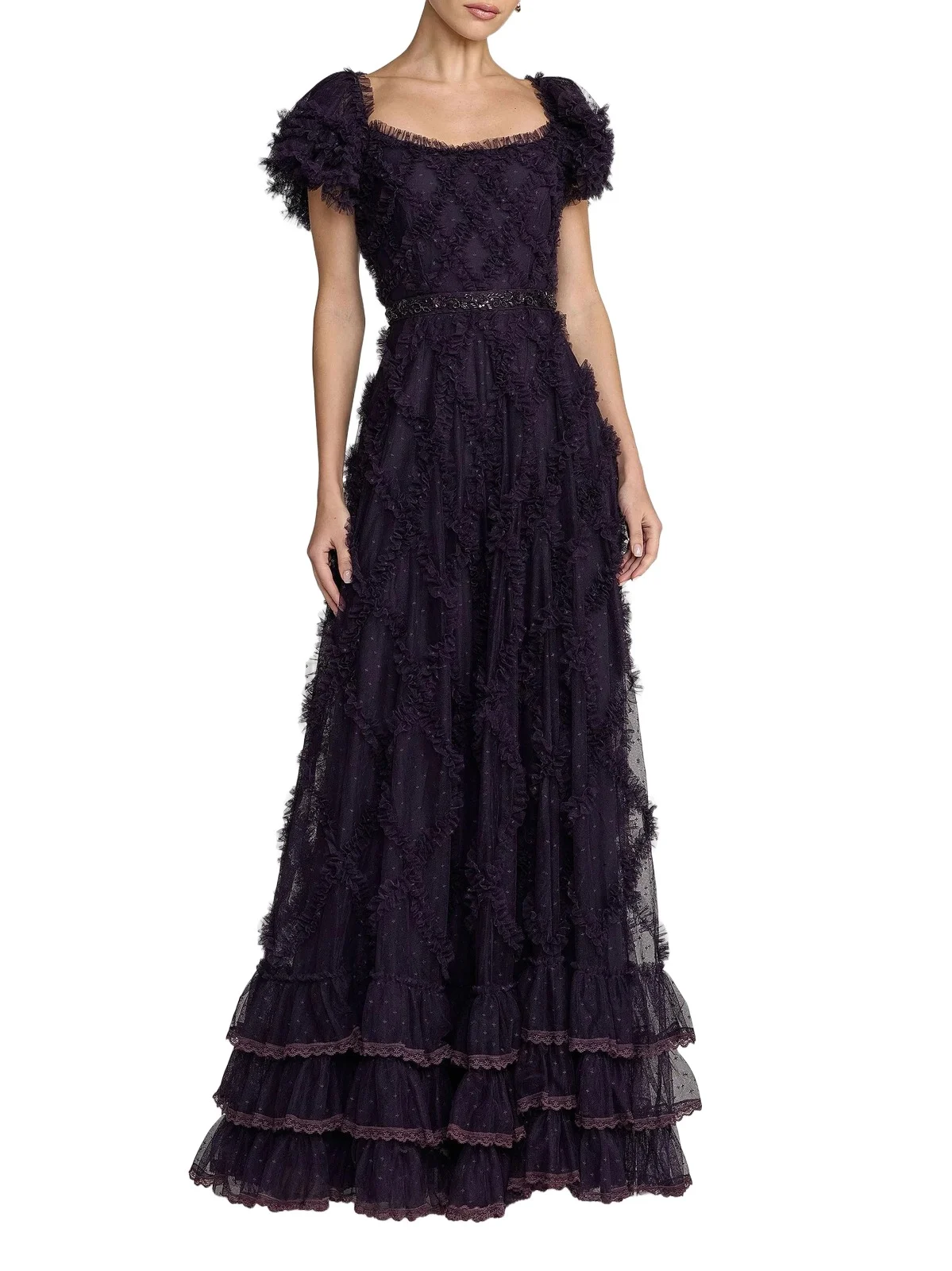 Women's Ruffled Mesh Short-Sleeve Gown Women's Ruffled Mesh Short-Sleeve Gown