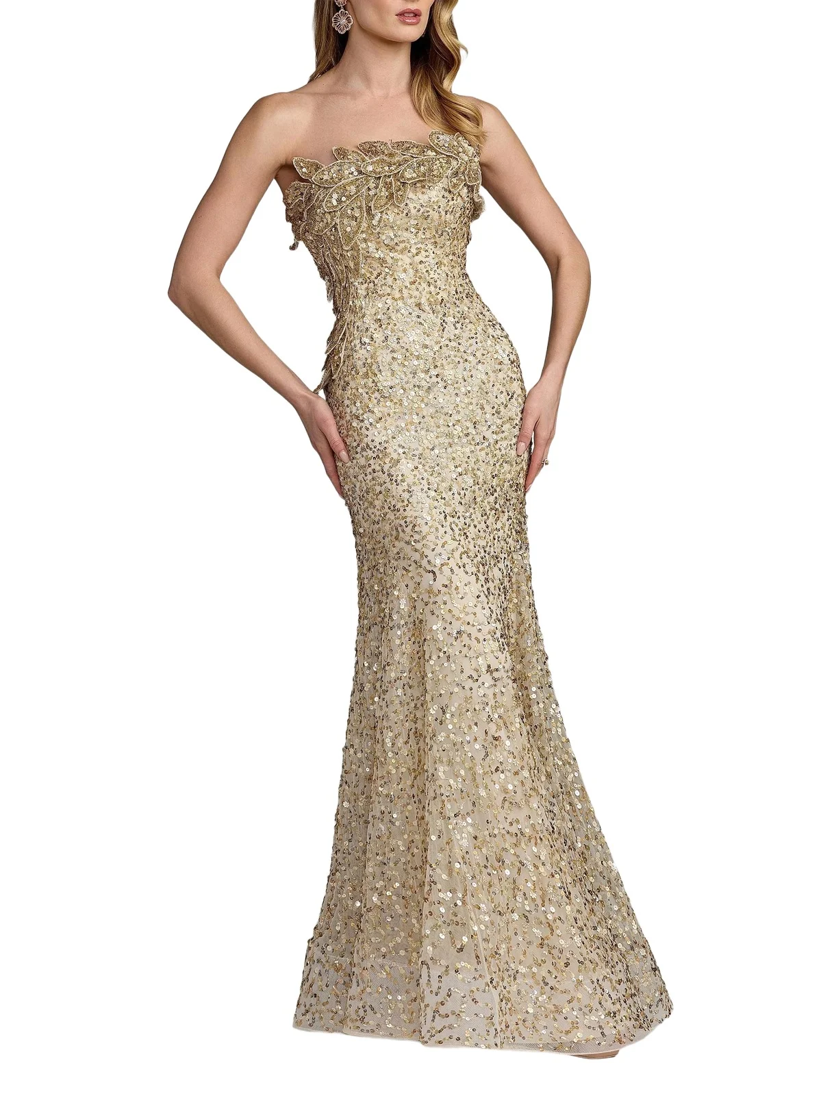 Women's Srapless Beaded Mesh Trumpet Gown