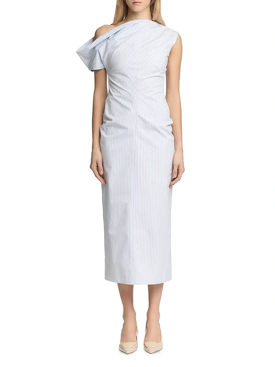 Malo Women's Pinstriped Cotton Off-The-Shoulder Midi-Dress | Thumbnail 3