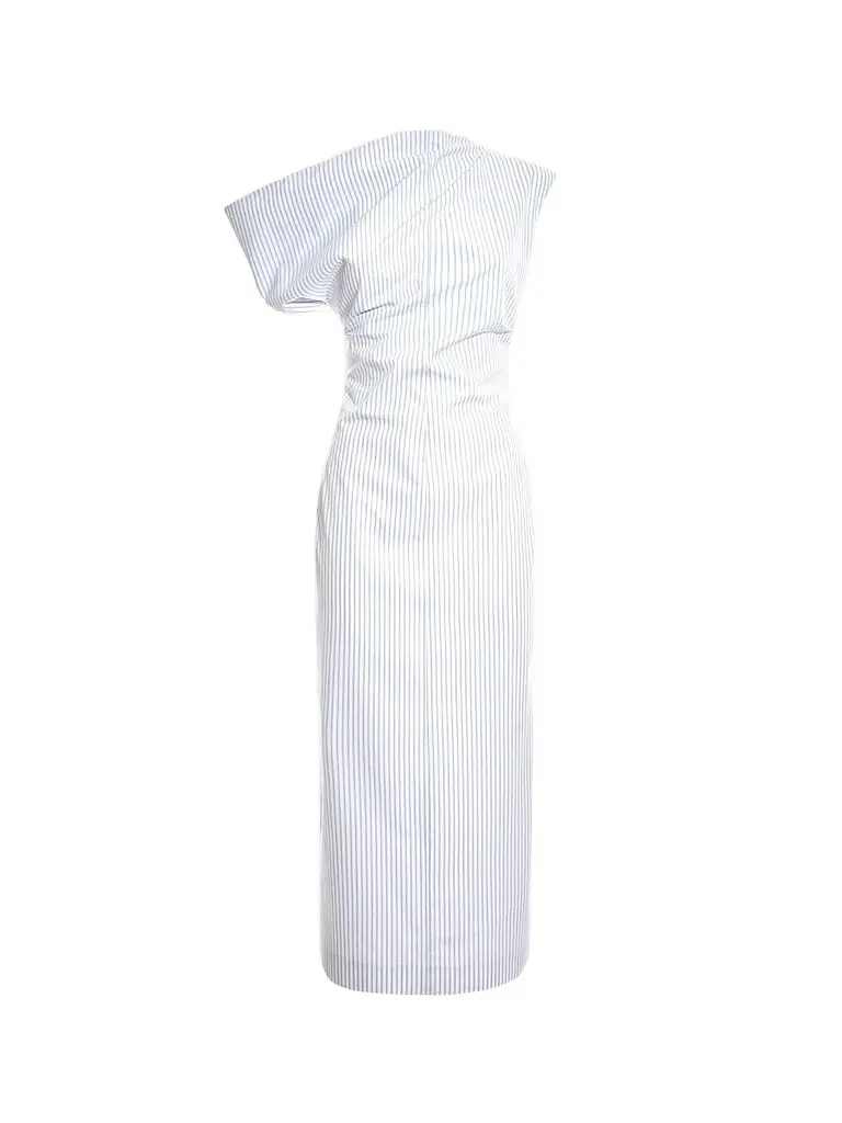 Malo Women's Pinstriped Cotton Off-The-Shoulder Midi-Dress - Candido Fog Blue | Image 1 Malo Women's Pinstriped Cotton Off-The-Shoulder Midi-Dress - Candido Fog Blue | Image 1