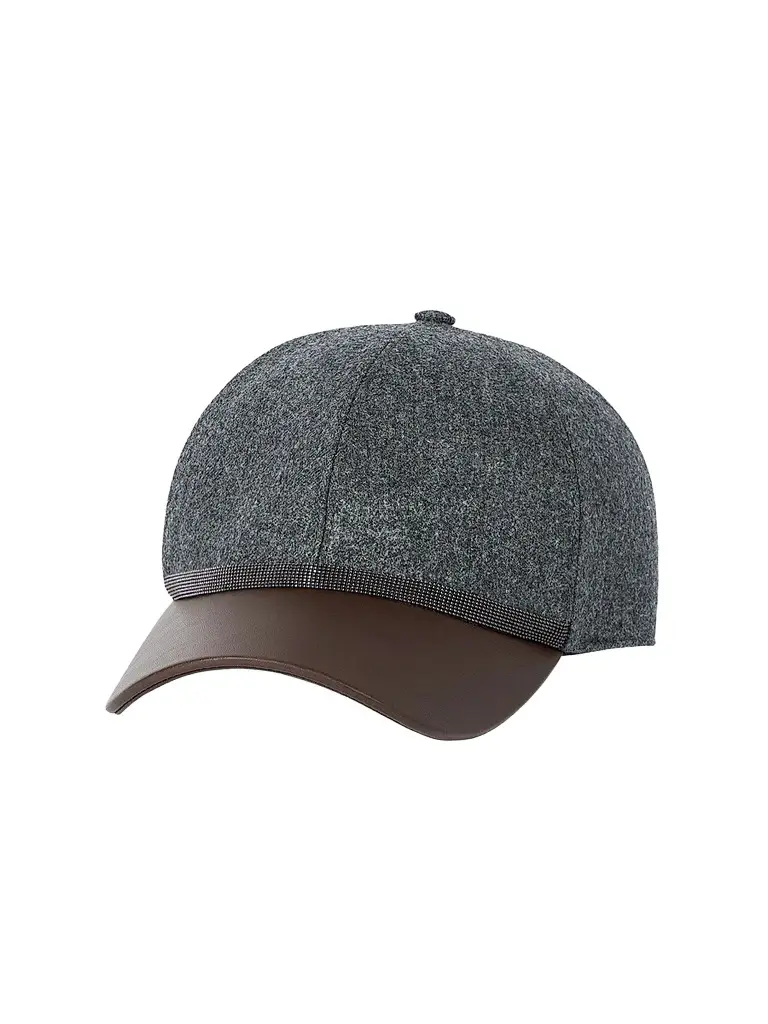 Brunello Cucinelli Women's Virgin Wool Flannel and Nappa Leather Baseball Cap with Shiny Band - Dark Grey | Image 1 Brunello Cucinelli Women's Virgin Wool Flannel and Nappa Leather Baseball Cap with Shiny Band - Dark Grey | Image 1