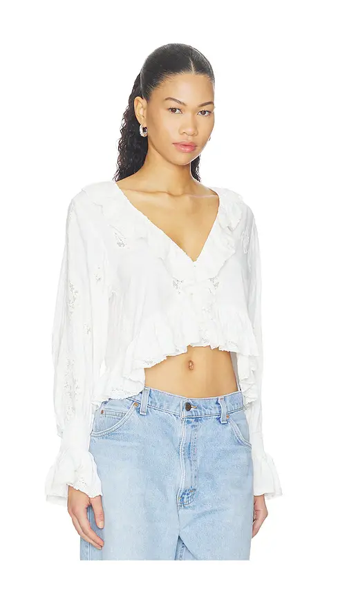 Alice + Olivia Alice + Olivia Skye Lace Applique V Neck Ruffle Cropped Blouse | Thumbnail 2 Alice + Olivia Alice + Olivia Skye Lace Applique V Neck Ruffle Cropped Blouse | Thumbnail 2