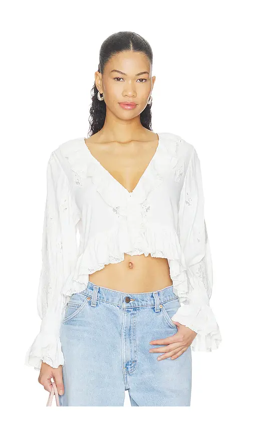 Alice + Olivia Alice + Olivia Skye Lace Applique V Neck Ruffle Cropped Blouse