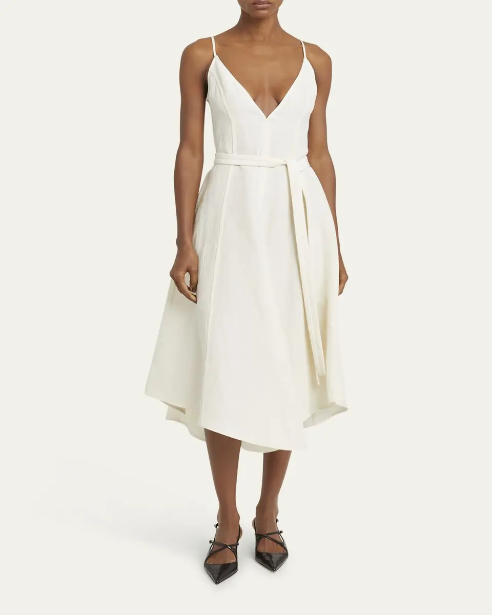 Proenza Schouler Elaine Plunging Belted Linen-Blend Midi Dress | Thumbnail 2 Proenza Schouler Elaine Plunging Belted Linen-Blend Midi Dress | Thumbnail 2
