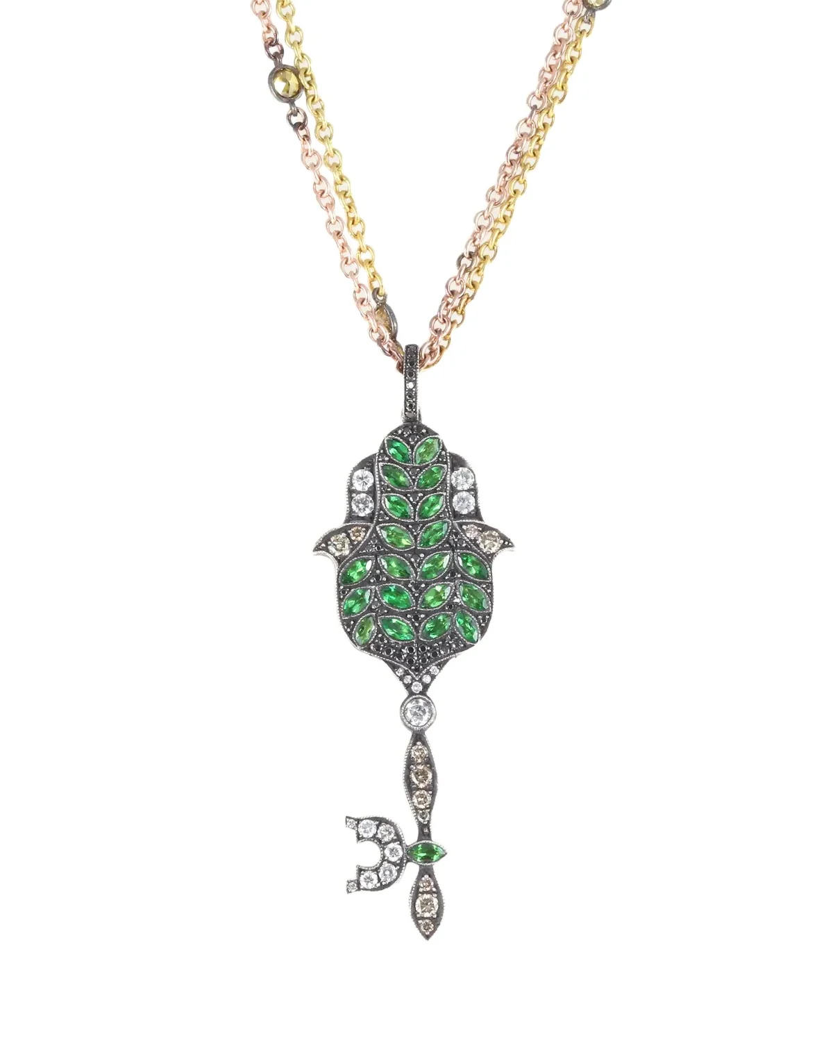 18K Diamond and Green Garnet Hamsa Key Pendant Necklace 18K Diamond and Green Garnet Hamsa Key Pendant Necklace