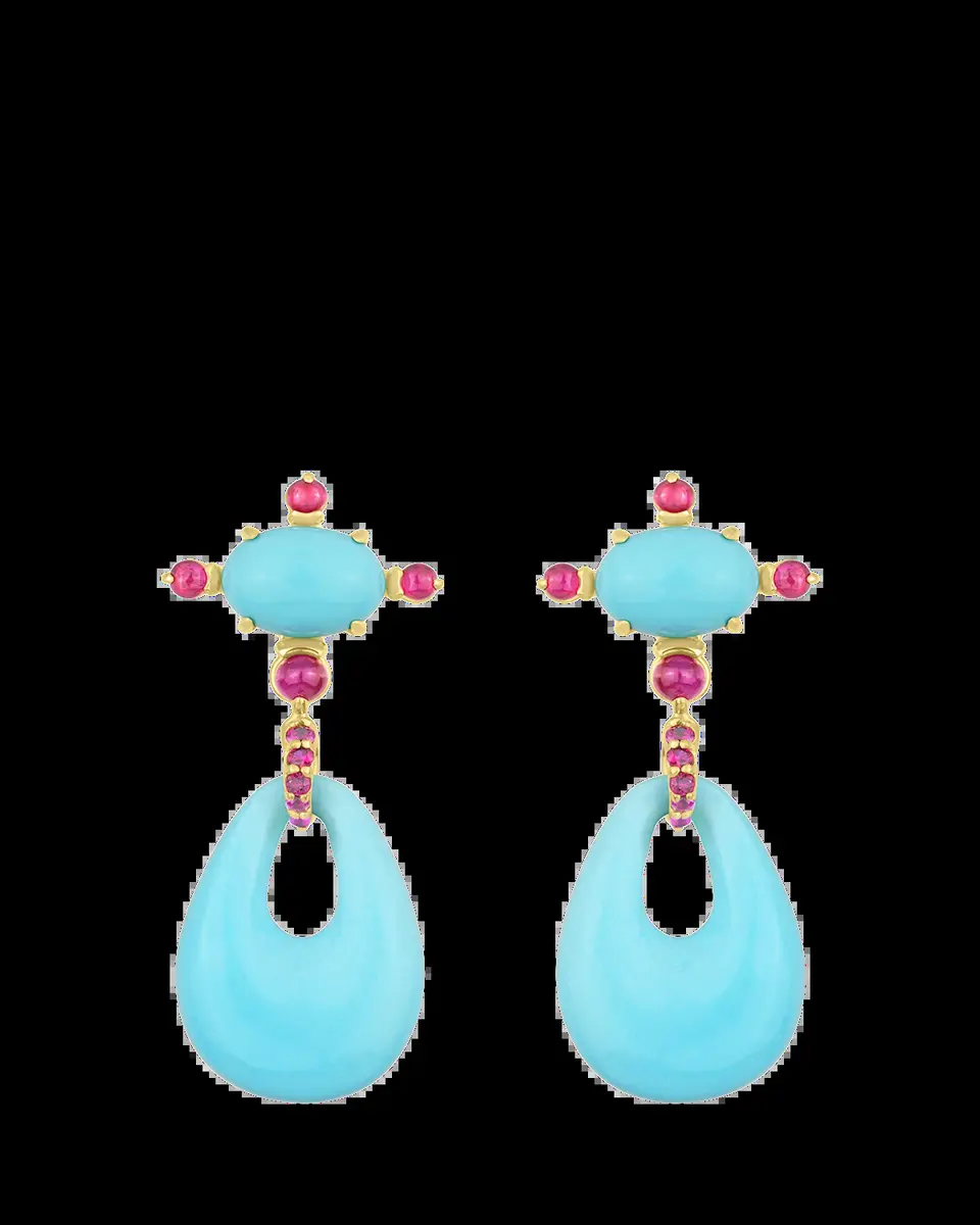 Paul Morelli 18K Yellow Gold Turquoise and Ruby Drop Earrings | Thumbnail 2 Paul Morelli 18K Yellow Gold Turquoise and Ruby Drop Earrings | Thumbnail 2