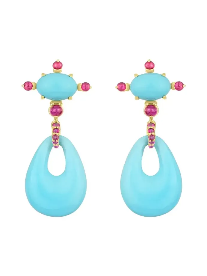 18K Yellow Gold Turquoise and Ruby Drop Earrings 18K Yellow Gold Turquoise and Ruby Drop Earrings