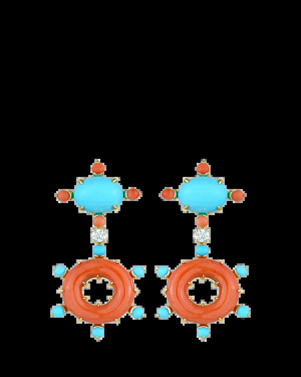 Paul Morelli 18K Yellow Gold Diamond, Turquoise and Coral Earrings | Thumbnail 2