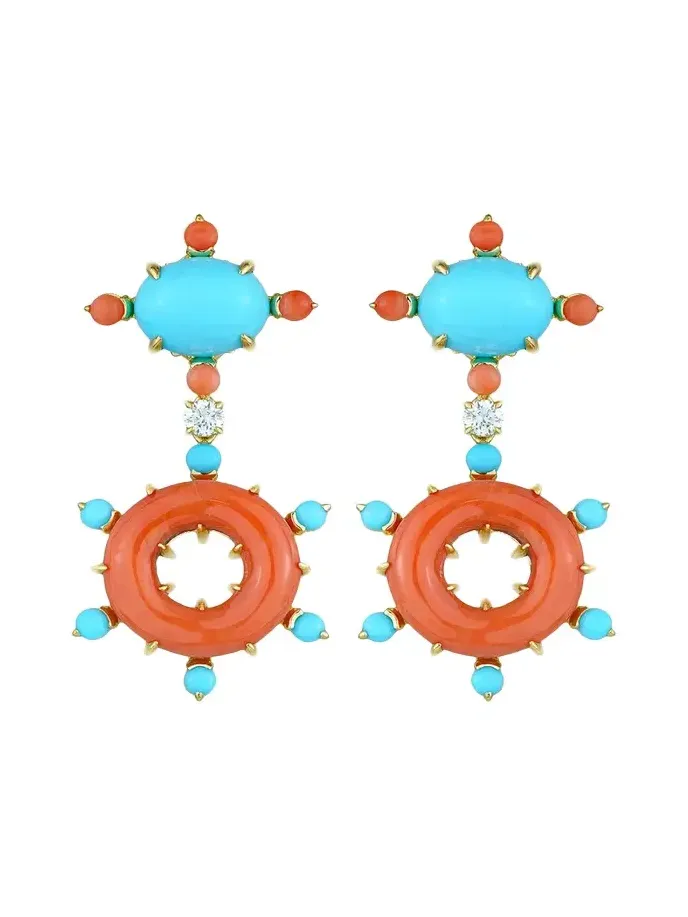18K Yellow Gold Diamond, Turquoise and Coral Earrings