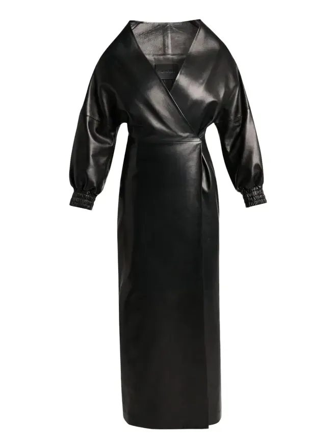 Balenciaga Sculpted Leather Long-Sleeve Maxi Wrap Dress