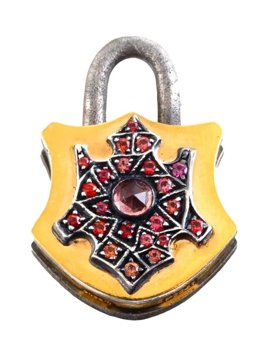 24K Diamond and Sapphire Shield Padlock Pendant 24K Diamond and Sapphire Shield Padlock Pendant