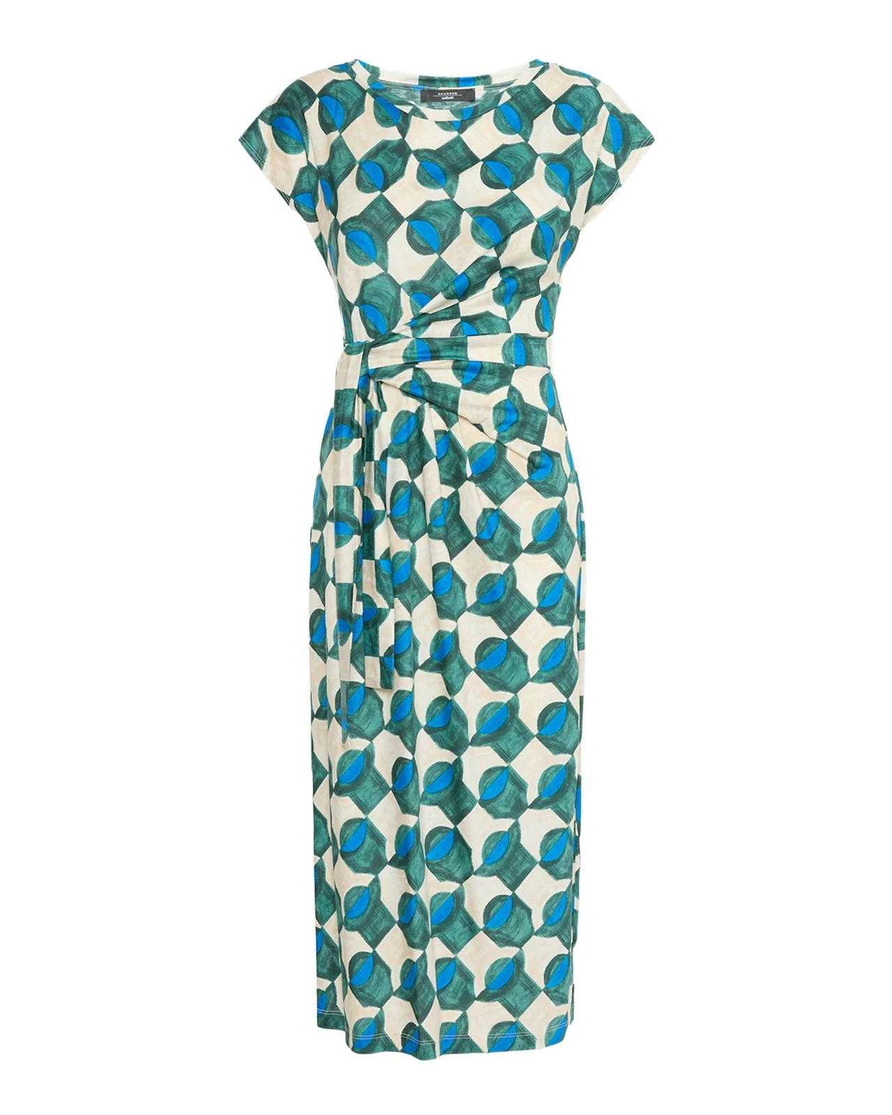 Geo-Print Gathered Cap-Sleeve Midi Dress Geo-Print Gathered Cap-Sleeve Midi Dress
