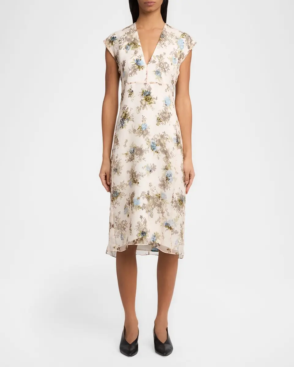 Jil Sander Floral Silk Crepe A-Line Midi Dress | Thumbnail 2 Jil Sander Floral Silk Crepe A-Line Midi Dress | Thumbnail 2