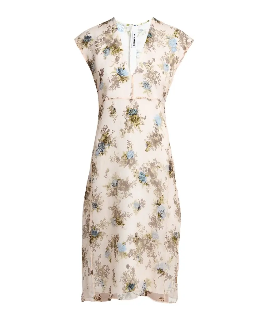 Jil Sander Floral Silk Crepe A-Line Midi Dress | Image 1 Jil Sander Floral Silk Crepe A-Line Midi Dress | Image 1