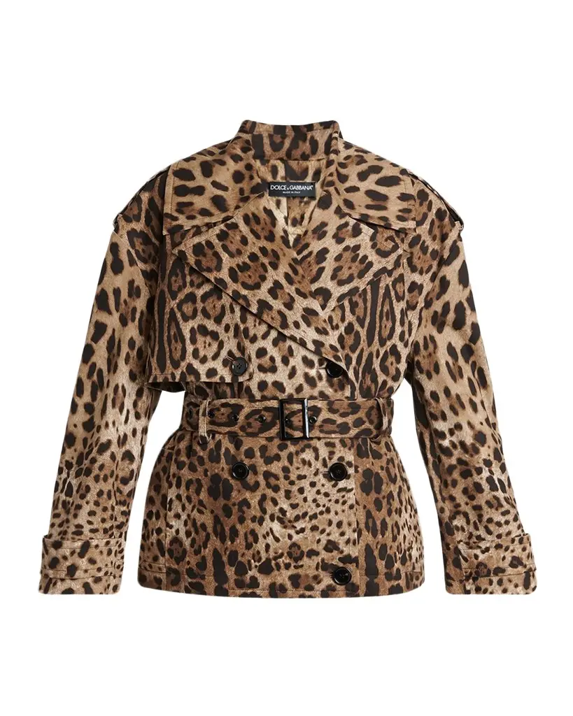 Dolce & Gabbana Leopard-Print Belted Short Sports Trench Coat | Image 1 Dolce & Gabbana Leopard-Print Belted Short Sports Trench Coat | Image 1