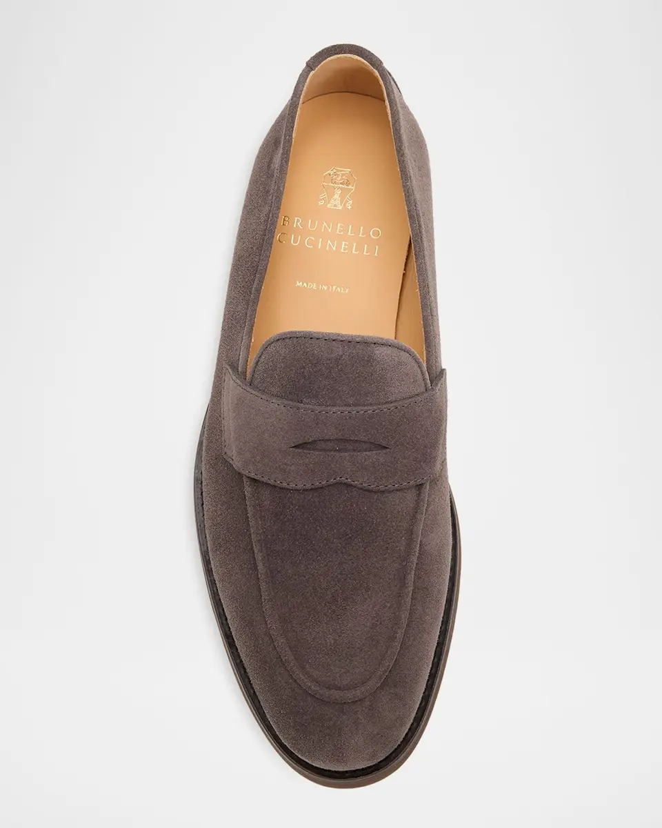 Brunello Cucinelli Men's Suede Flex-Sole Penny Loafers | Thumbnail 4 Brunello Cucinelli Men's Suede Flex-Sole Penny Loafers | Thumbnail 4