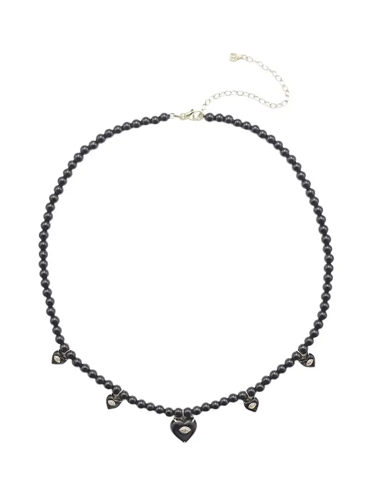 Carved Heart 14kt gold beaded necklace with diamonds and onyx