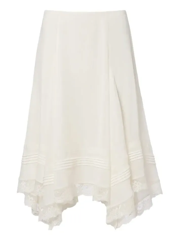 Asymmetric lace-trimmed midi skirt