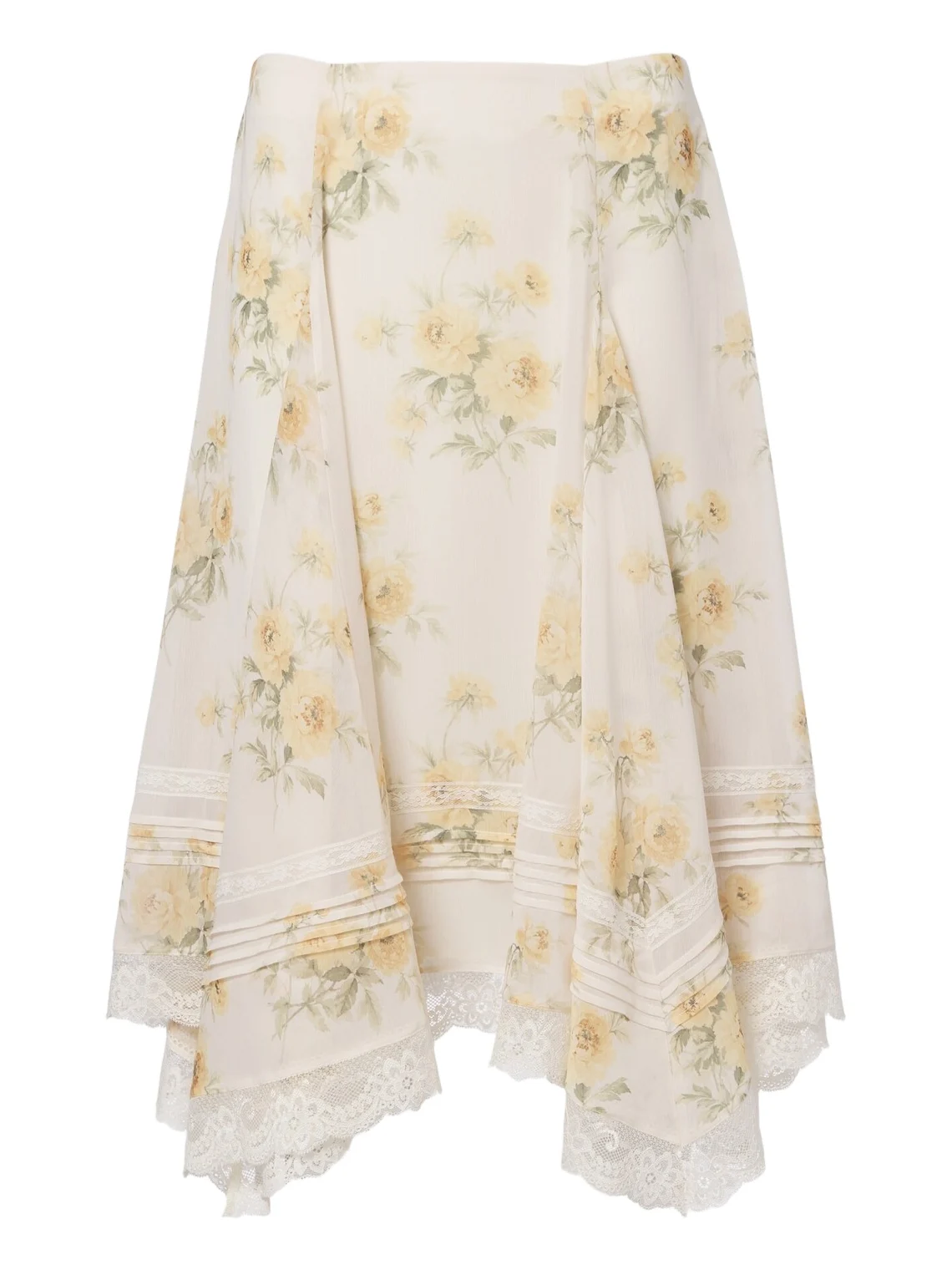 Floral asymmetric lace-trimmed midi skirt