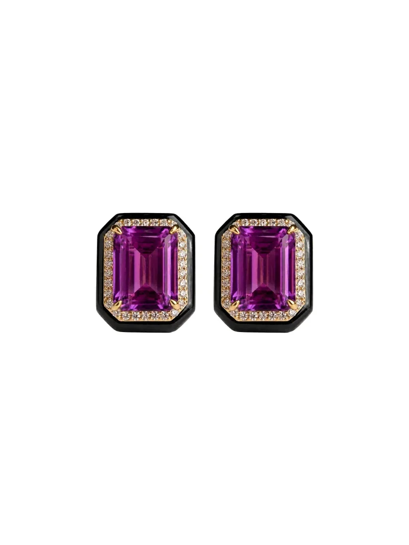 Wish Fine Jewelry 14.91ct Amethyst Black Onyx Diamond 18K Gold Stud Earrings