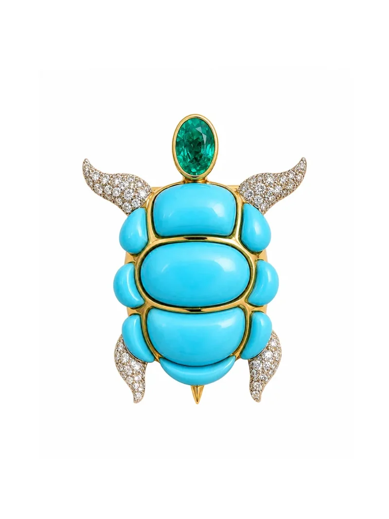 7.41ct Turquoise Emerald Diamond 18K Gold Turtle Pendant
